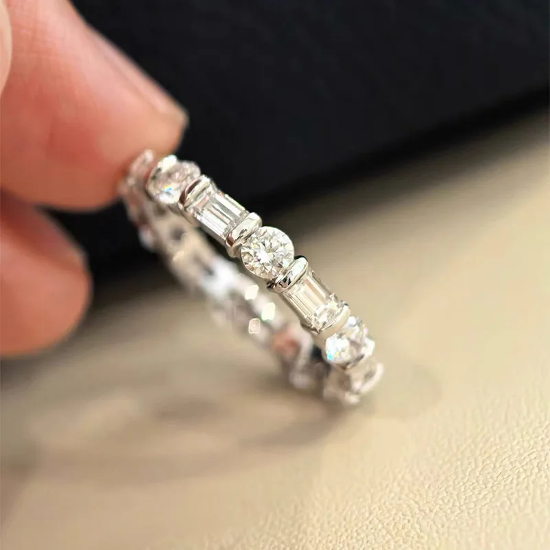 Xiaoyan 100% S925 Silver Long Square Diamond Full Circle Diamond Ring Fashion Anniversary Commemorative Gift
