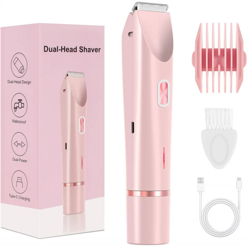 Women Electric Shaver Dual Head 2-in-1 Trimmer Waterproof Body Hair Trimmer Facial Hair Remover for Underarm Leg Arms Pink Blue