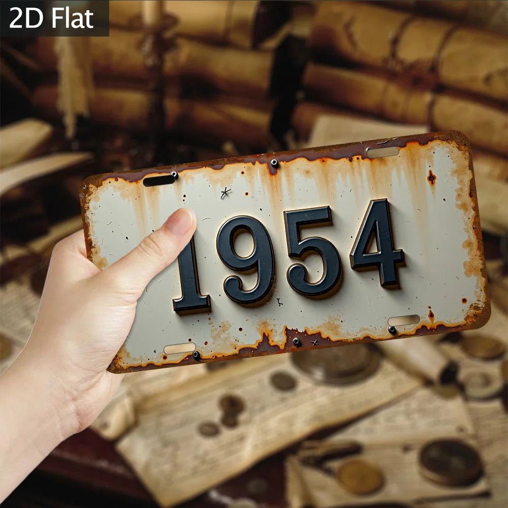 2D Flat - 1pc Vintage Industrial Metal Wall Decor | 30.48x15.24 cm Rustic 1954 License Plate Design, Distressed Effect, No Elect