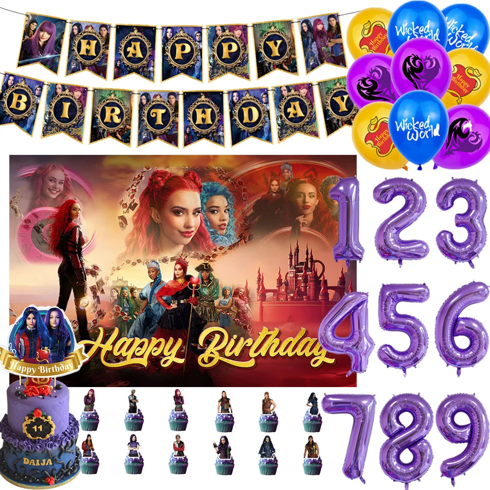 

Descendants Mal Carlos Evie Jay Theme Kids Birthday Party Decoration Balloon Background Banner Cake Topper Baby Shower Supplies