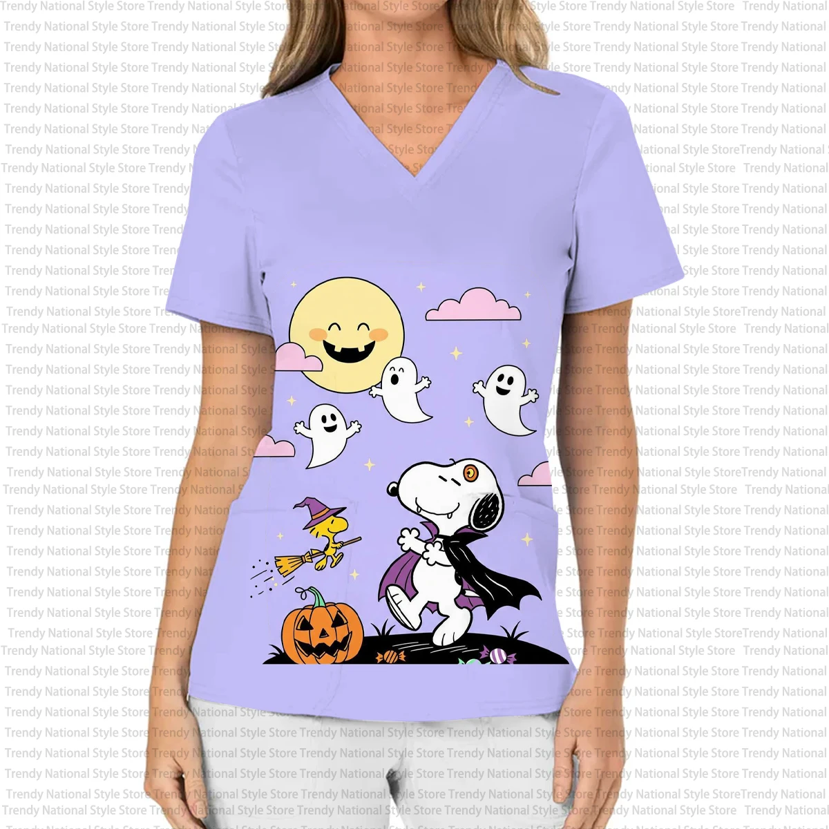 المرأة العمل موحدة الكرتون هالوين سنوبي فرك الأعلى مع جيب الخامس الرقبة تي شيرتات قصيرة الاكمام طباعة الأسنان الحيوانات الأليفة متجر أعلى