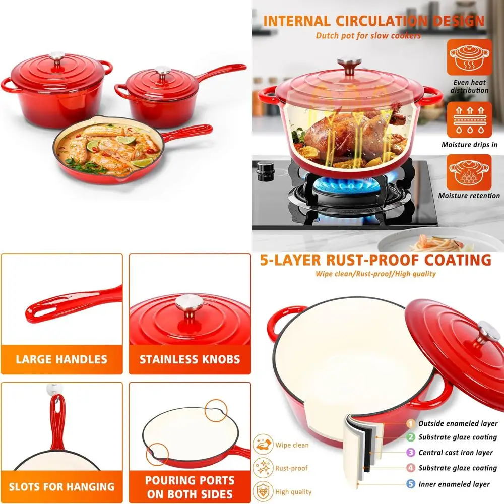 

Набор эмалированной чугунной посуды: голландская духовка, кастрюля для соуса, сковорода с крышками - без PFOA, готовая индукционная, жареная и курильница f