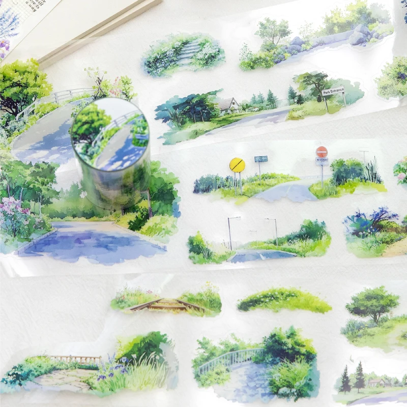 70 mm * 2 m, grüne Naturlandschaft, 1 m Zyklus, nicht wiederholendes Muster, gestanzte PET-Klebeband, DIY handgefertigtes Material, Sammelalbum, dekorativ