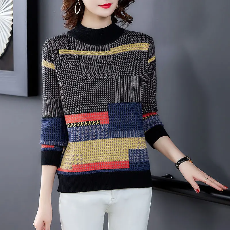 Women Clothes Half High Neck Contrast Knitting Pullovers Top Autumn Winter Long Sleeve O-neck Vintage Sweaters Fashion Casual