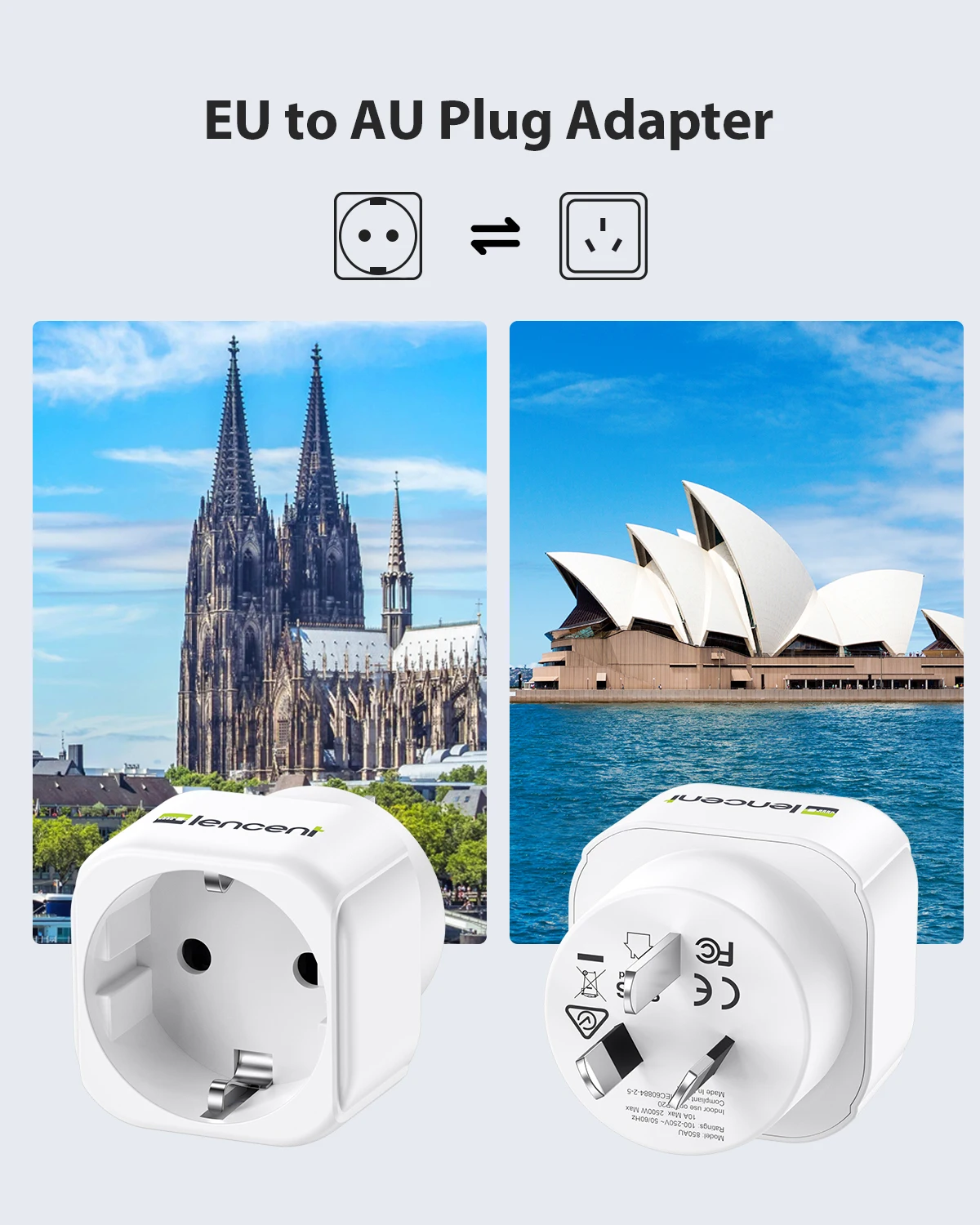 LENCENT Paquete de 2 enchufes de Europa a AU/US/UK/BR, adaptador de viaje, protección contra sobrecarga, cargador de pared, convertidor de enchufe de viaje, adaptador de viaje