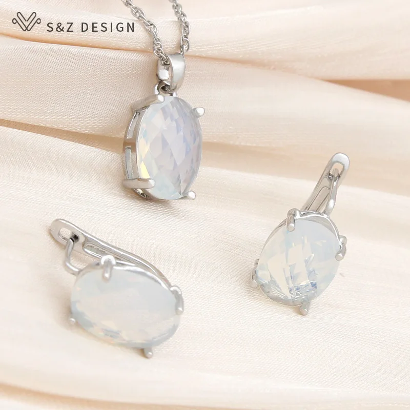 S&Z DESIGN New Oval Egg Shape Crystal Rose Gold Color Dangle Earrings Jewelry Sets For Women Wedding Fashion Pendant Necklace