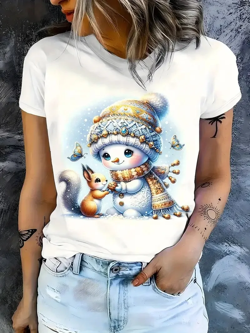 크리스마스 눈사람과 다람쥐 3D 프린트 여성 티셔츠 패션 크리스마스 테마 캐주얼 반팔 크리스마스 여성 의류