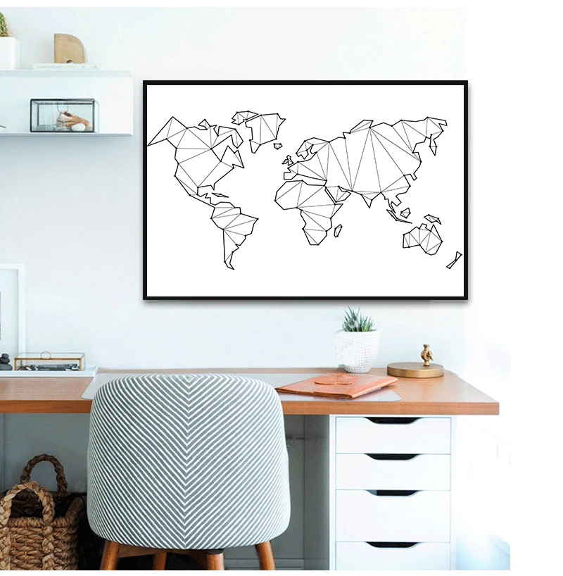 Abstract Geometric World Map Canvas Painting Nordic Posters And Prints Wall Art Print Black White Wall Pictures For Living Room