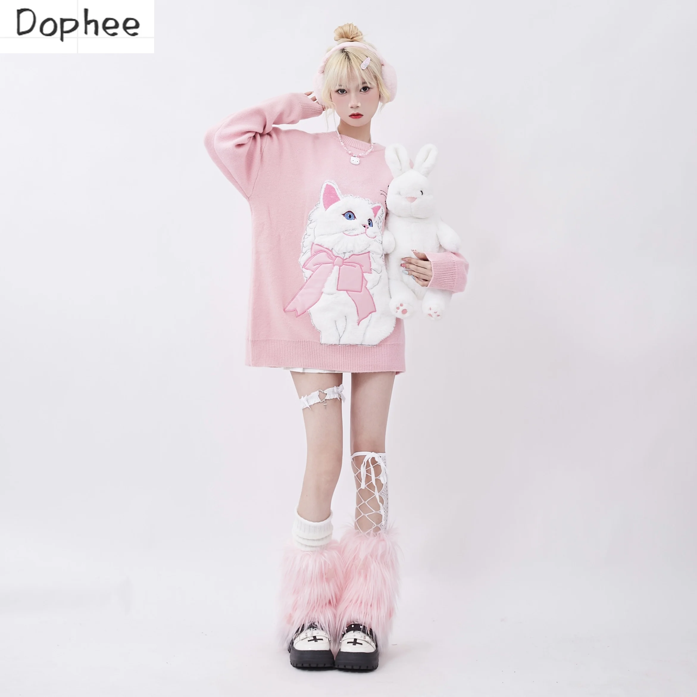 

Dophee Dopamine Autumn Winter Women Sweaters Cute Cat Flocking O-neck Pullover Top Long Sleeve Casual Pink Knitting Sweater