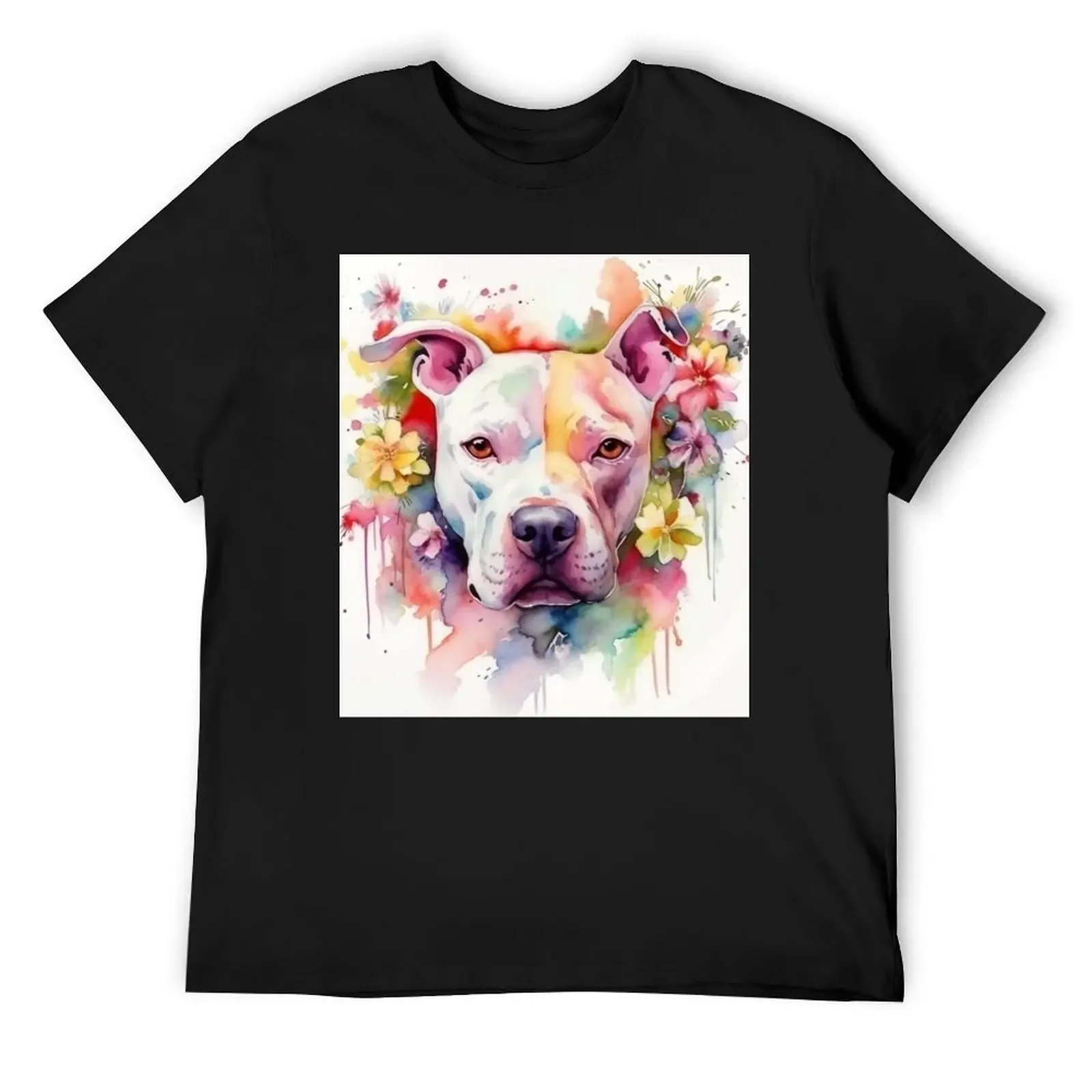 

Watercolor Pitbull with flowers T-Shirt anime clothes sports fans hippie clothes mens graphic t-shirts hip hop