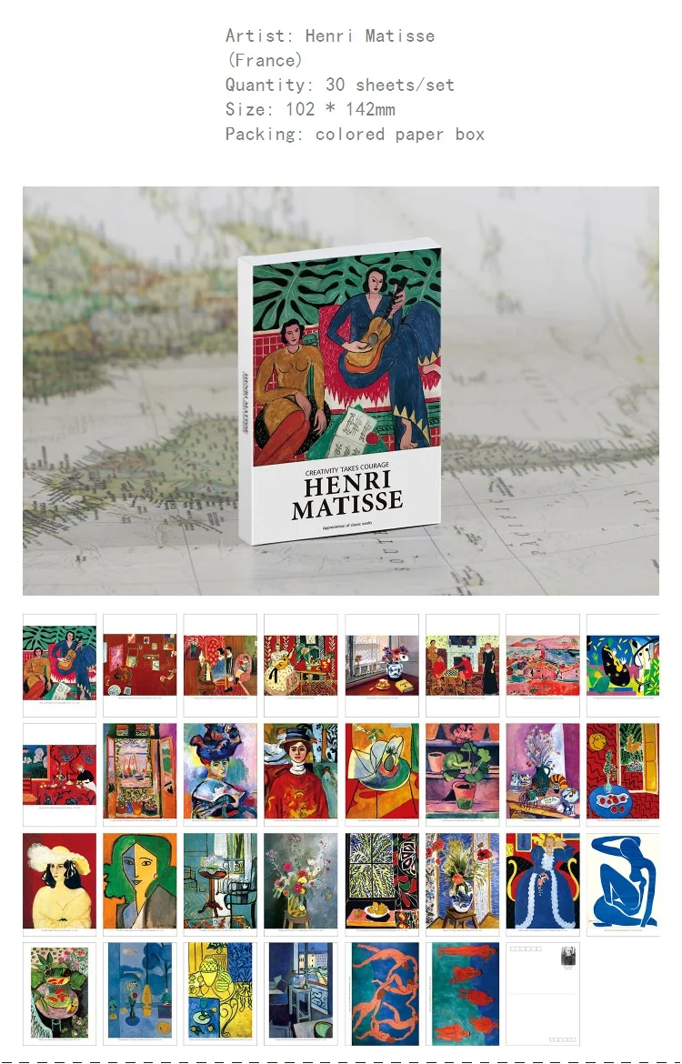 30 Blatt/Set Kunstmuseum-Serie Berühmte Künstler Englische Postkarten mit Umschlägen Kunstwerke Postkarten Werke von Matisse, Picasso, Van Gogh – Detail 16