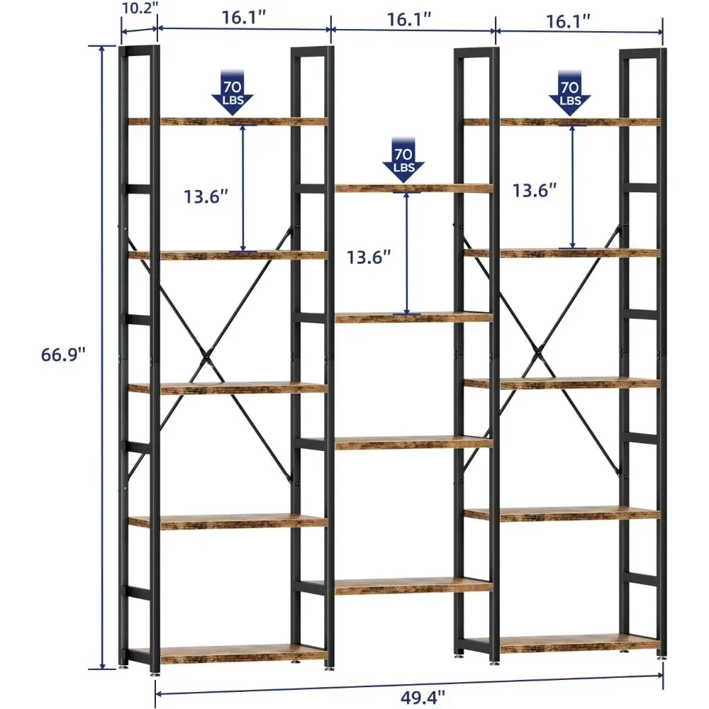 رف كتب من 5 طبقات لأثاث الحدائق، خزانة كتب مع 14 رفوف عرض مفتوحة، كتاب على الطراز الصناعي الريفي قابل للتعديل