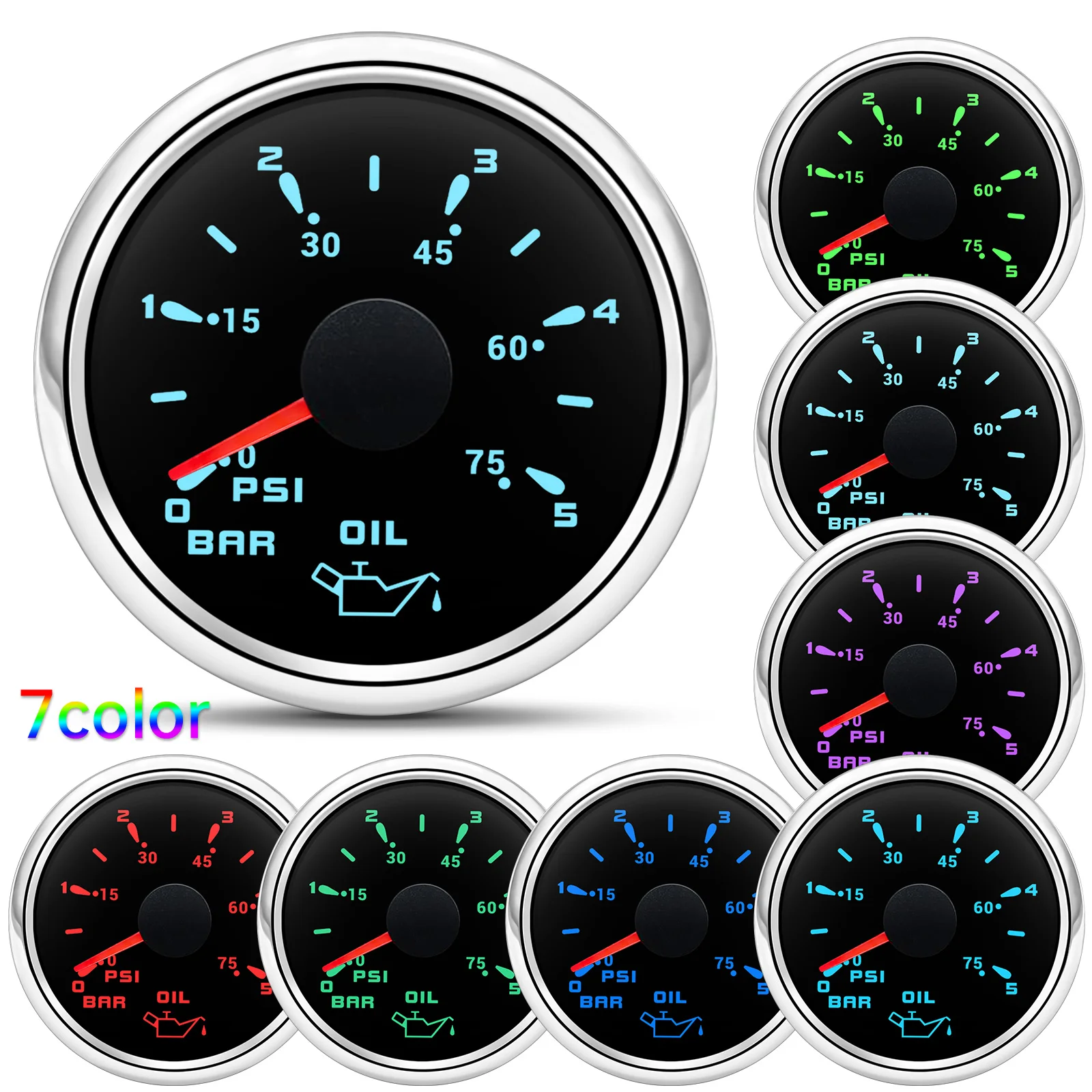 7 Farbe Hintergrundbeleuchtung Auto Auto Manometer Öldruckmesser 0-5 BarI/0-10Bar 52 MM Zeiger Ölpresse Meter für Marine Boot Yacht