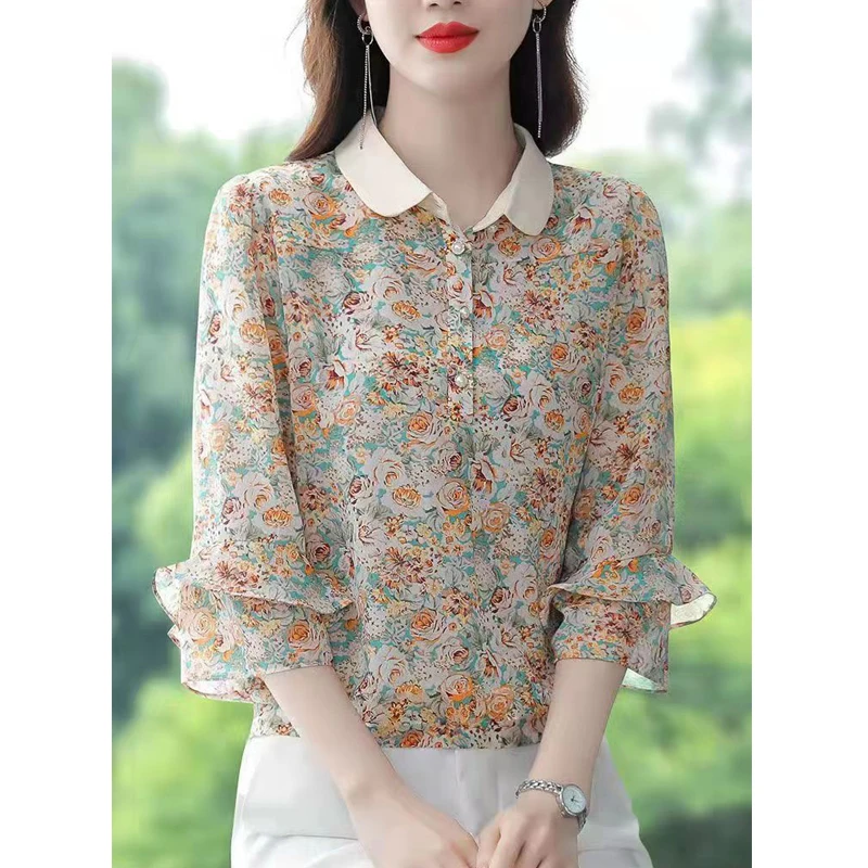 Women Floral Print Beaded Button Shirts Spring Summer Fashion Elegant Loose Blouses Ruffles 3/4 Sleeve Chic Tops Blusa Feminina