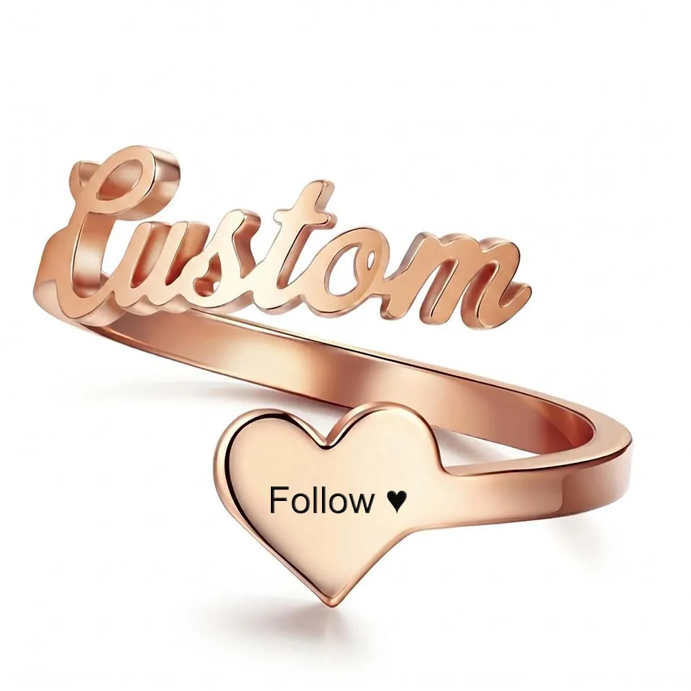 

Custom Name Ring with Heart Personalized Hollow Cut-Out Letter Open Band