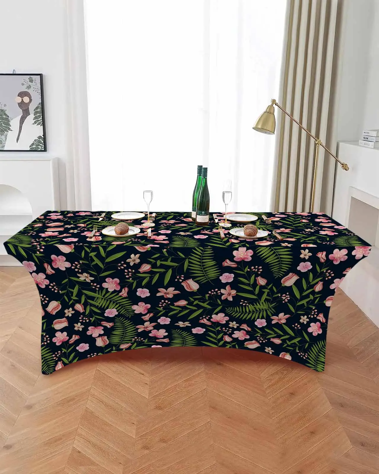 Foliage Flowers Rectangular Elastic Table Skirt Wedding Hotel Table Cover Holiday Dining Table Tablecloth