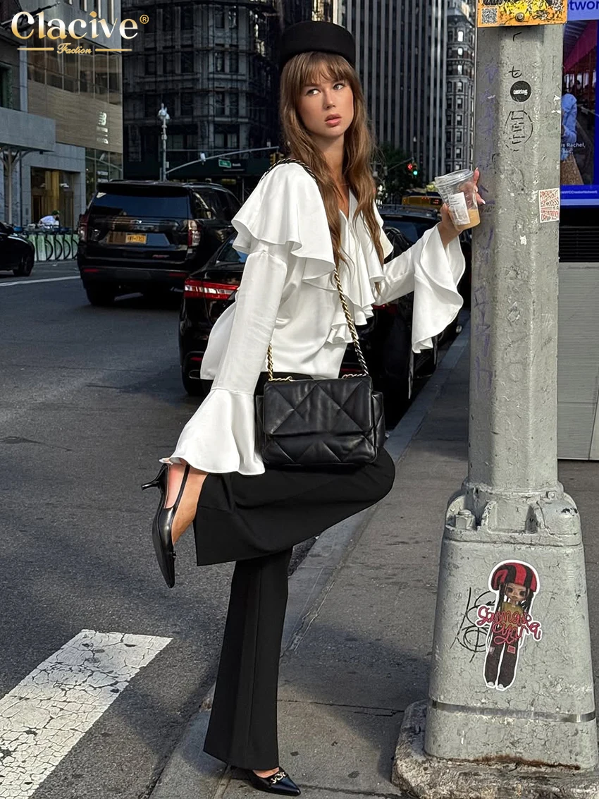 Clacive Fashion Loose White Satin Women's Shirt 2025 Casual V-Neck Long Sleeve Shirts Elegant Classic Solid Top Female Clothing