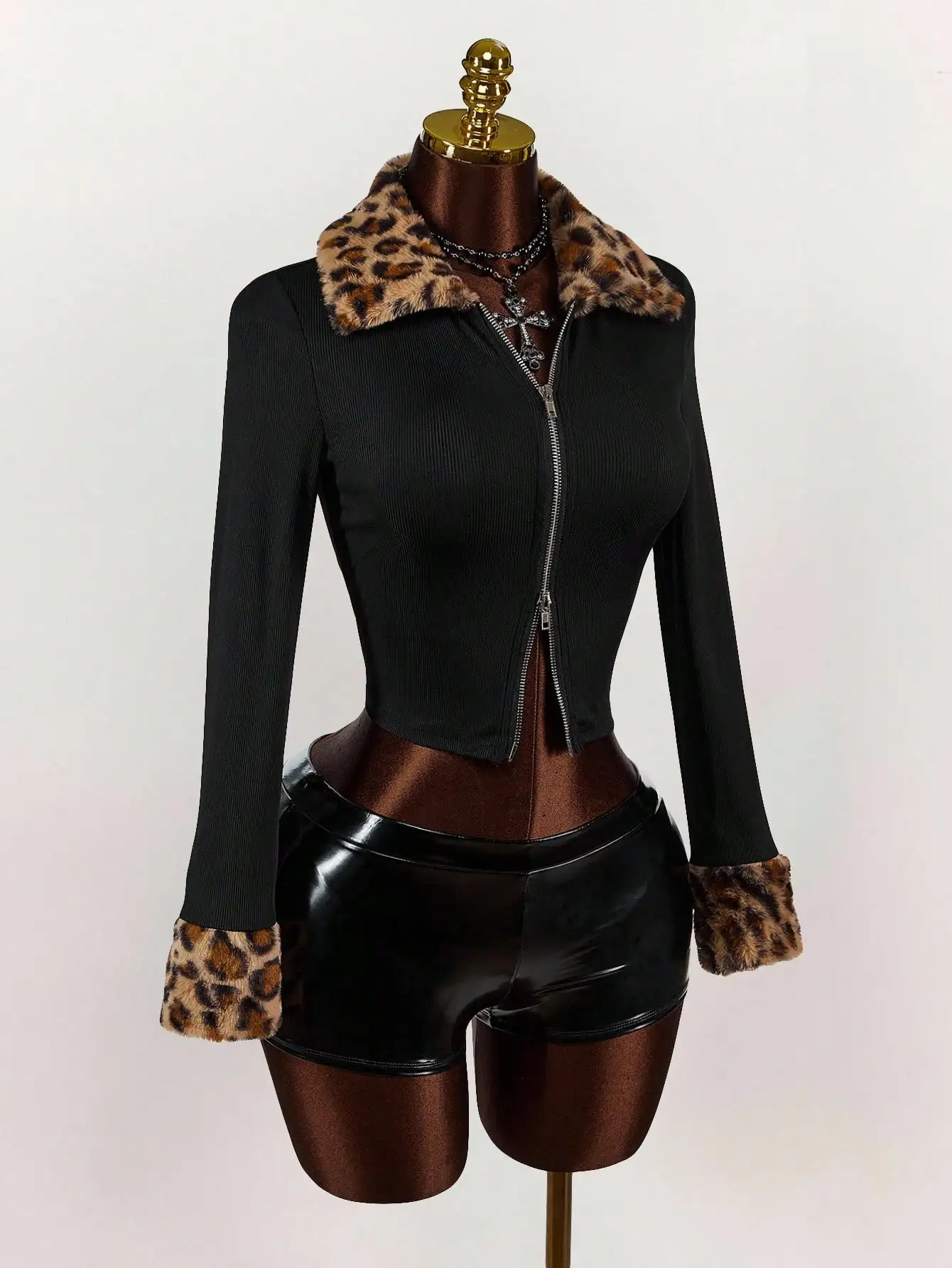 

Women's Spring & Autumn Leopard Print Panel Fleece Lapel Long Sleeve Zip Front Fitted Jacket