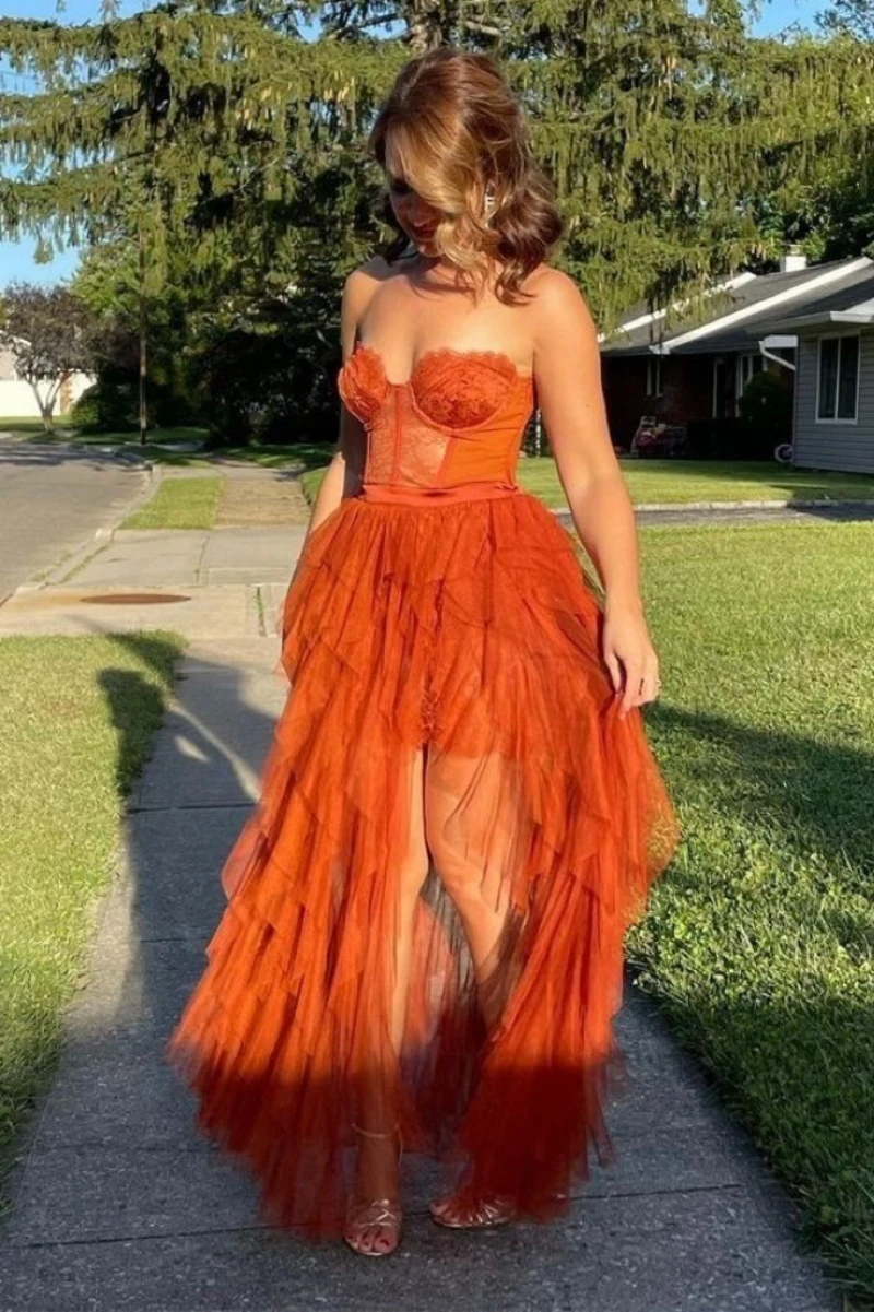 Rust Red High Low Prom Dresses Tiered Ruffles Lace Special Occasion Women Formal Gown See Through Split Long Party Dress 2024