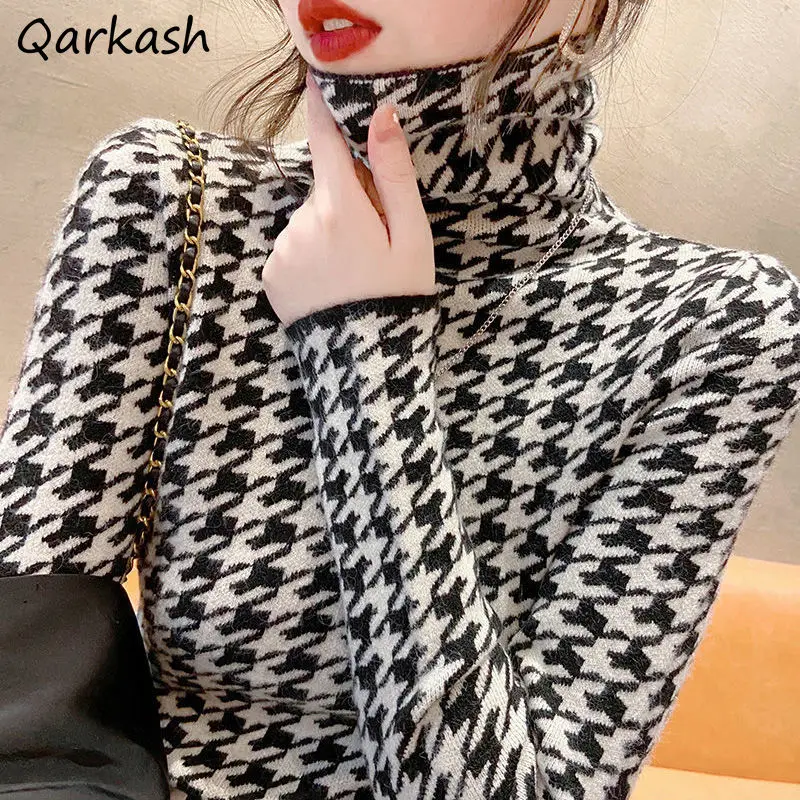 Houndstooth T-shirts Women Turtleneck Autumn Vintage Design Ladies Popular Soft Leisure Chic Top Slim Ulzzang New Daily Knitted