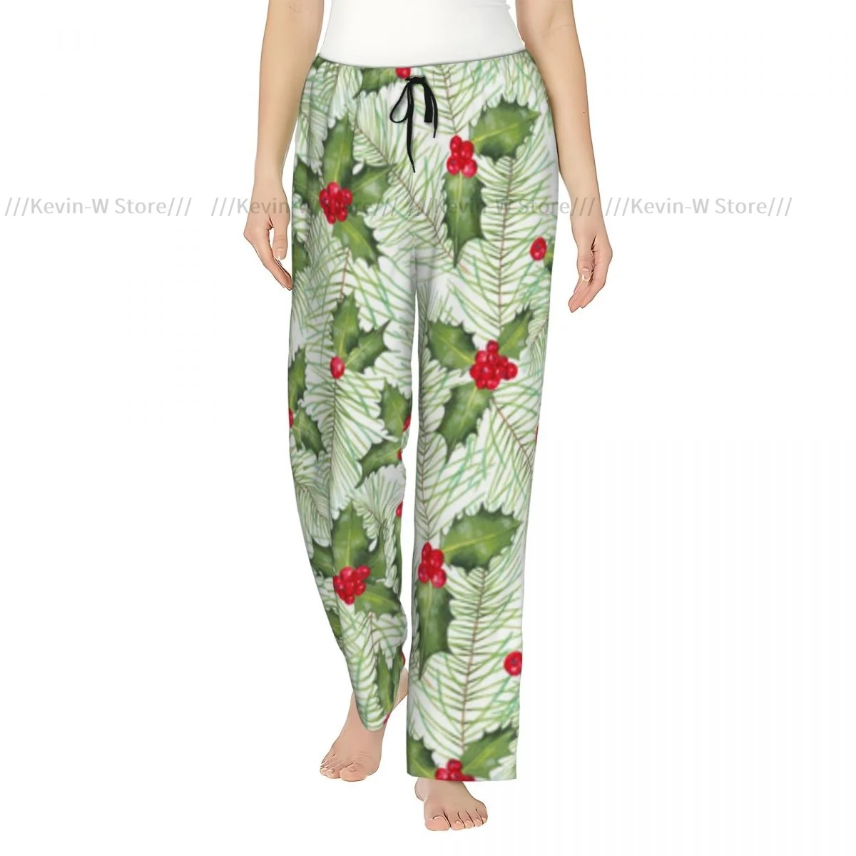 

Women Flannel Pajama Bottoms Soft Fleece Holly Berries With Leaves Pine Fir Branch Christmas Sleep Pants with Drawstring Waist