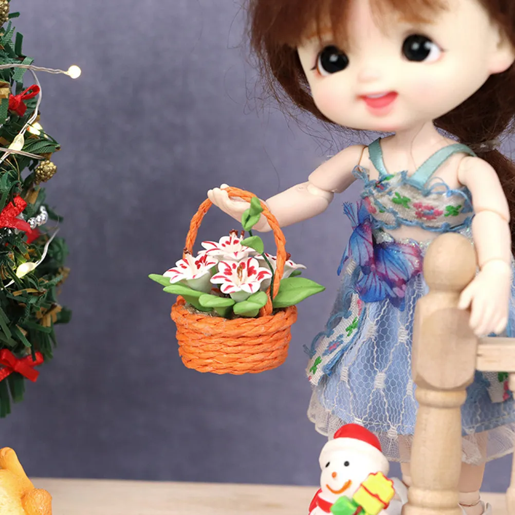 

1 шт. миниатюрная корзина с лилиями, изысканный миниатюрный цветочный горшок-украшение, декор для домашнего стола, креативное украшение для мини-домика