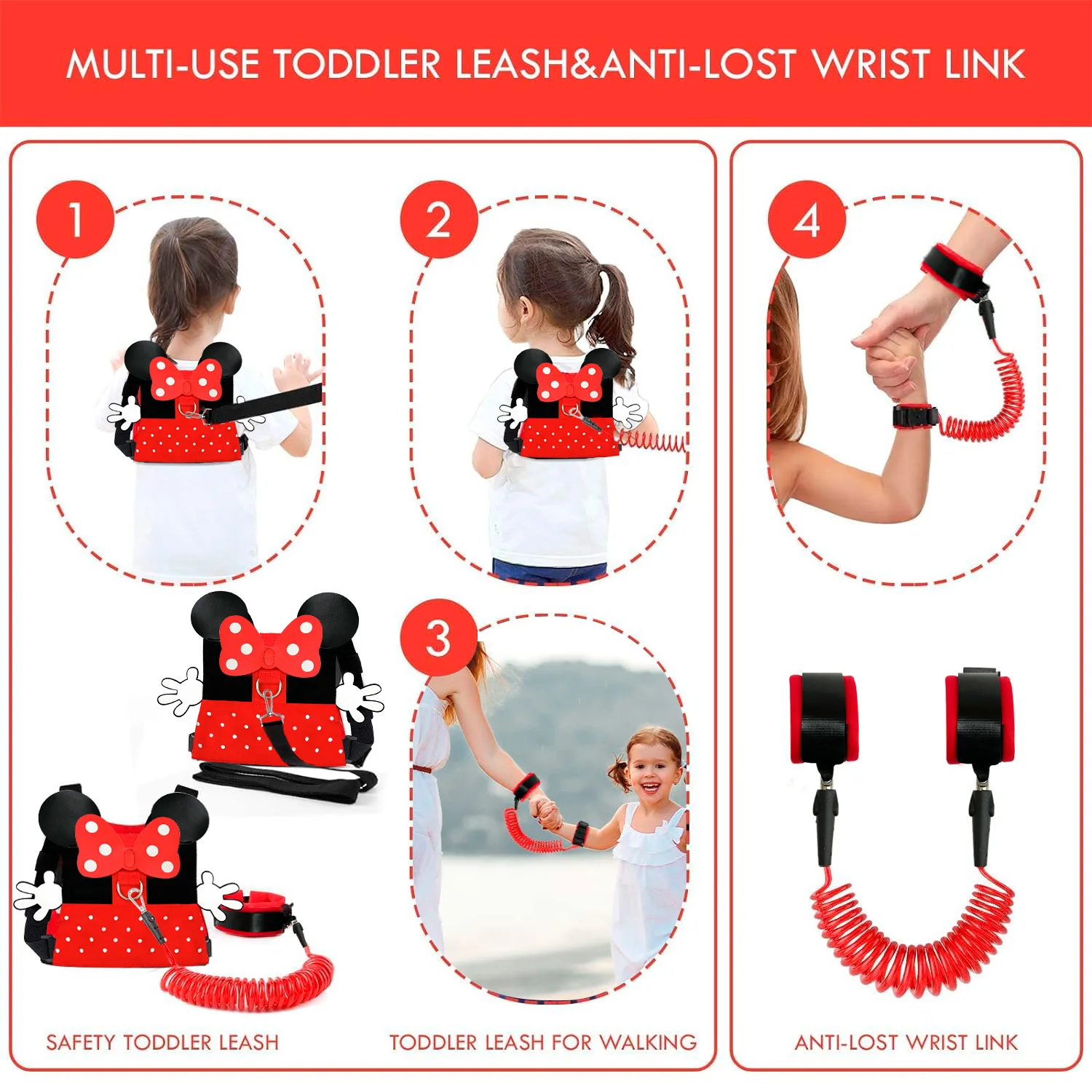 حزام مقود الأطفال الصغار، مجموعة 3 في 1 من المقاود للأطفال الصغار - مقود أطفال بطول 2 مترًا للأطفال الصغار ومقود معصم للأطفال