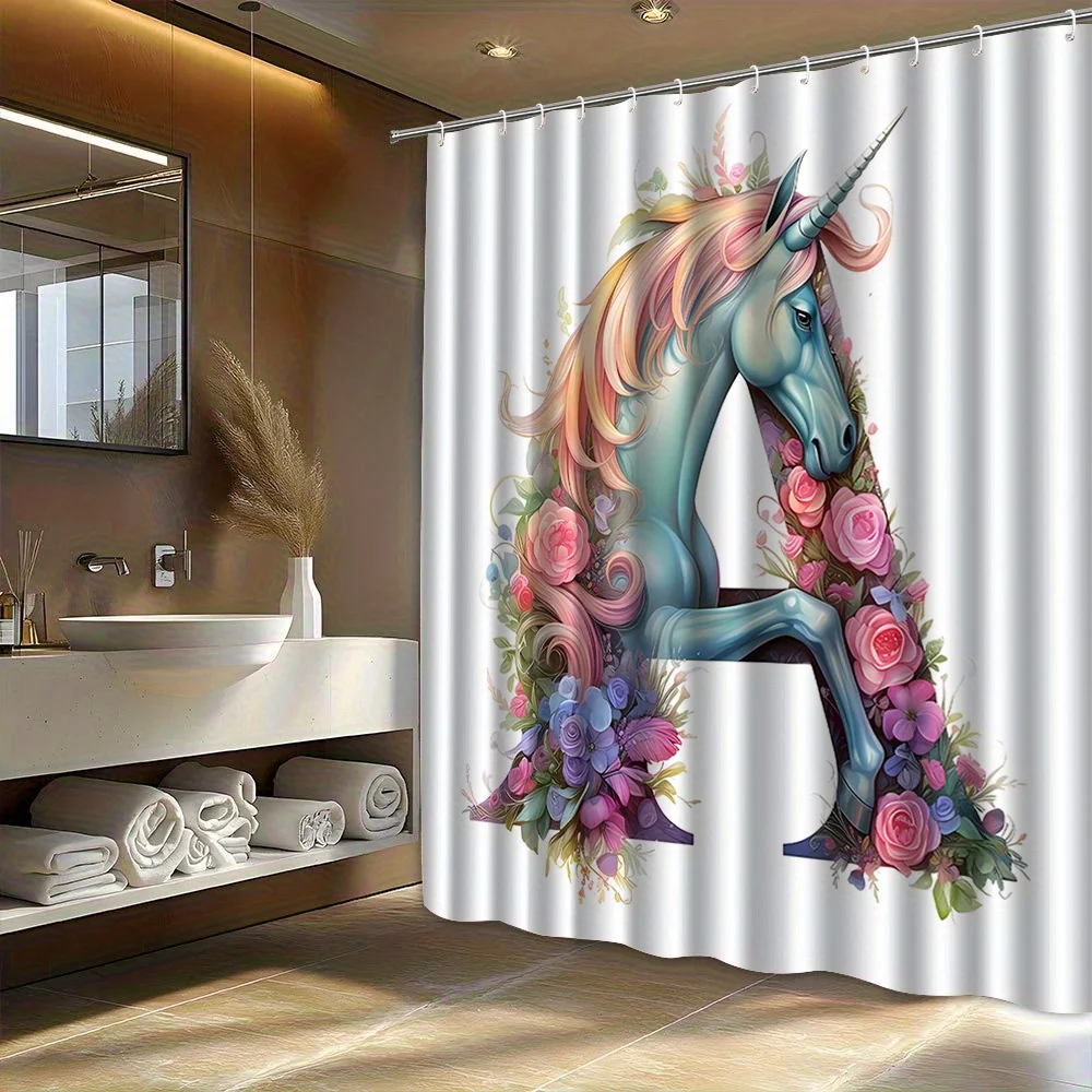 Unicorn Letter A Shower Curtain, Floral Horse & Rainbow Mane Print Waterproof Bathroom Decor, Fantasy Kids Home Bath Screen