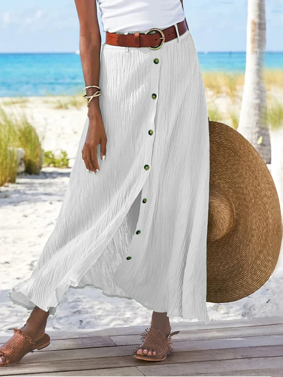 

High Waist Button Loose Slit Skirt Casual Pure Color Ladies Skirt Front Slit Summer Collection A-Line Silhouette Other Material