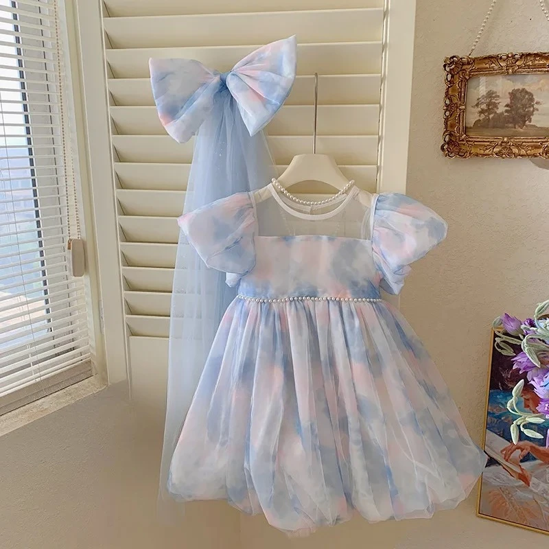 Exquisite Girls Tie-Dye Mesh Dress 2-8Y Kids Beading Puff Sleeve Cute Princess Vestidos Children All-Matched Birthday Party Gown