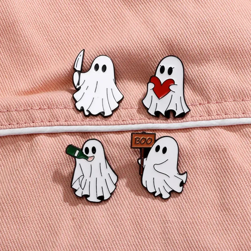 4PCS Cartoon Halloween Ghost Goblin Enamel Pins Knife Heart Boo Wine Spook Design Brooches Bag Backpack Dress Badge