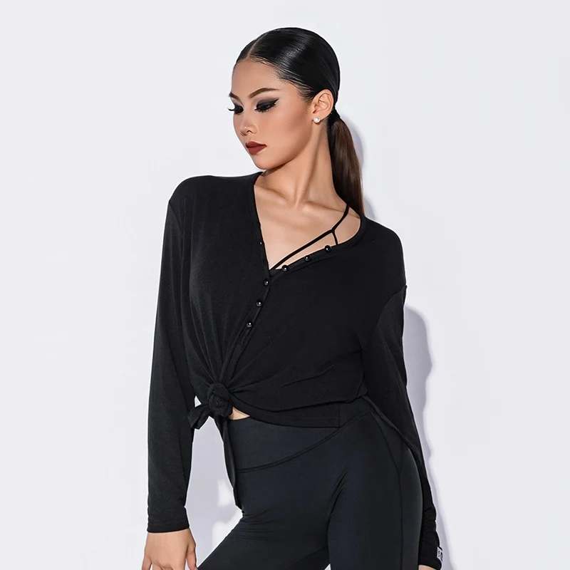 2025 roupas de prática de dança latina para mulheres preto solto topos cintura alta calças ligeiramente queimadas chacha rumba roupa latina dqs20627