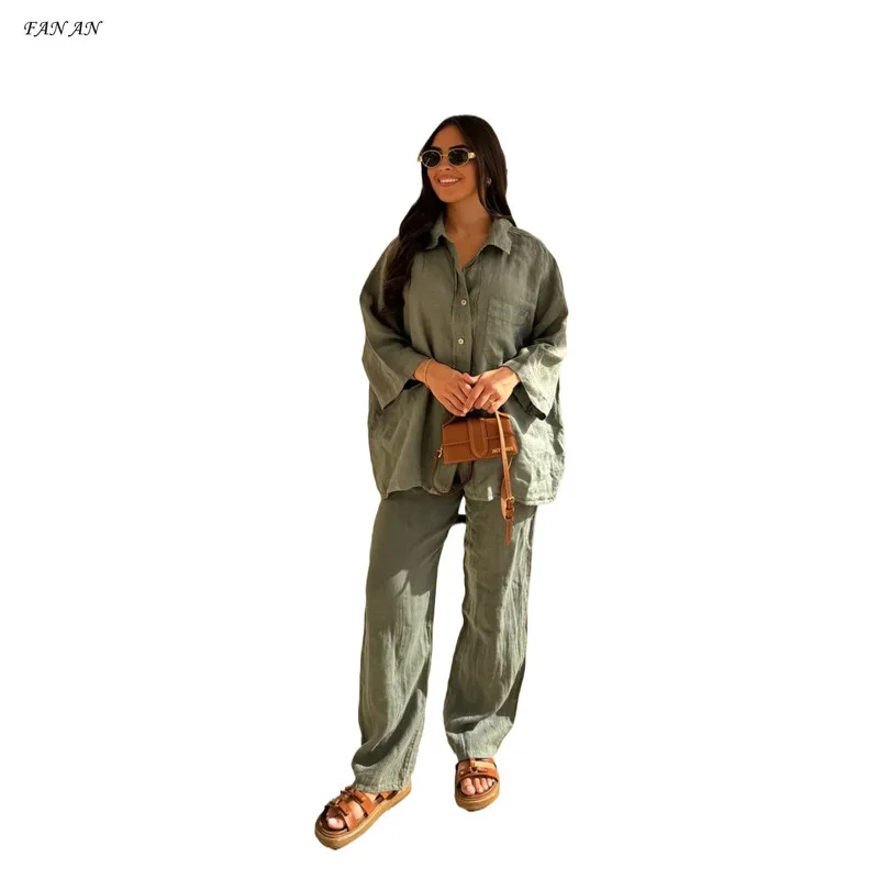 

Spring/summer Women's Fashion Casual Solid Color Retro Lapel Long Sleeve Pocket Shirt Top Loose Wide Leg Pants Two-piece Set