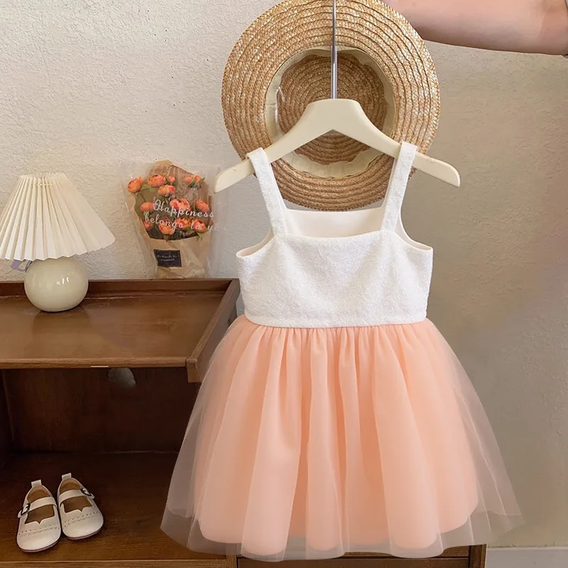 

Girls' Lace Patchwork Mesh Dress with Straps, Baby Girl Tank Dress, Summer New Lightweight Comfortable Dress for Children
