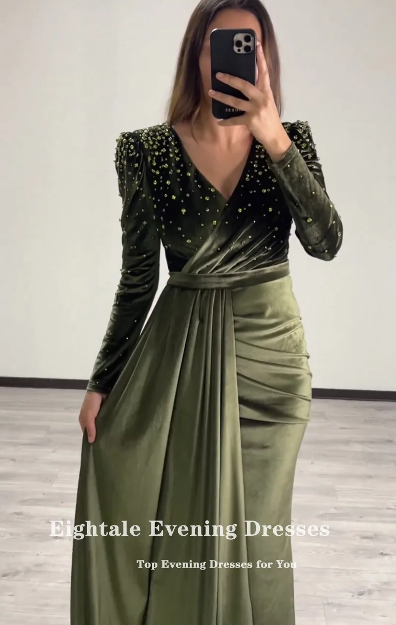 Eightale Velvet Evening Dress for Wedding Party V-Neck Beaded Olive Green Mermaid Customized Long Sleeves Prom Gown