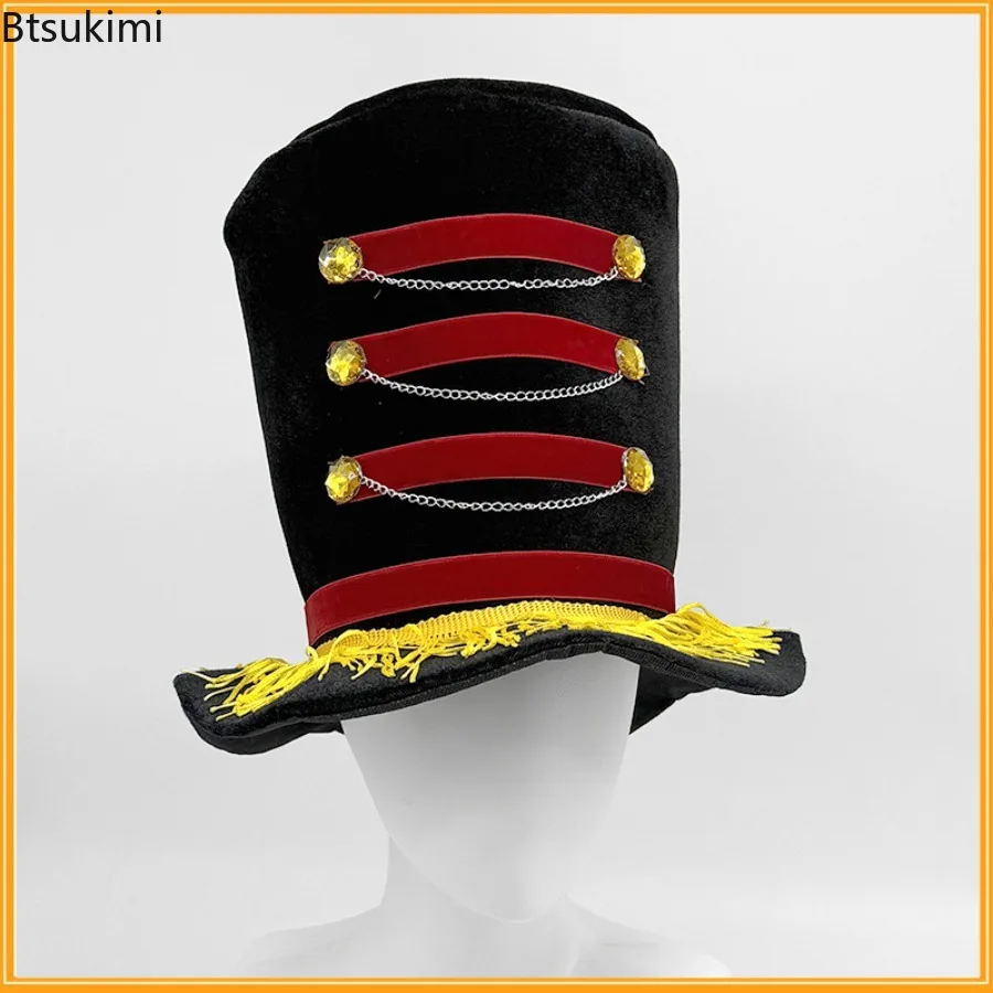 Halloween Cosplay Costumes Red Black Circus Magicians Top Hat with Gold Fringe Buttons and Chains Carnival Burlesque Accessories - view 6