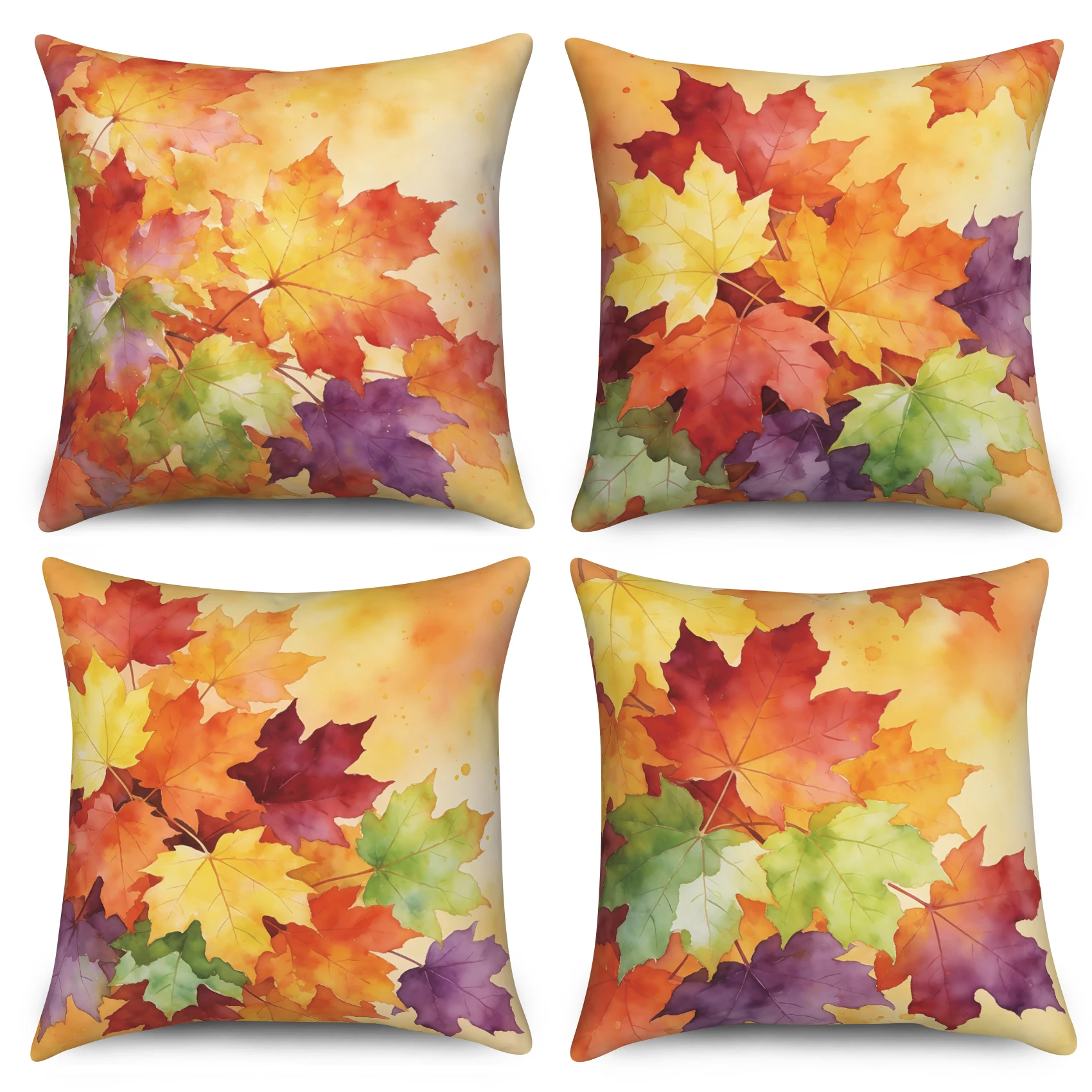 4Pcs/Set Watercolor Maple Leaf Pillow Covers, Autumn Fall Thanksgiving Cushion Cases, Polyester/Linen, Farmhouse Home Decoration