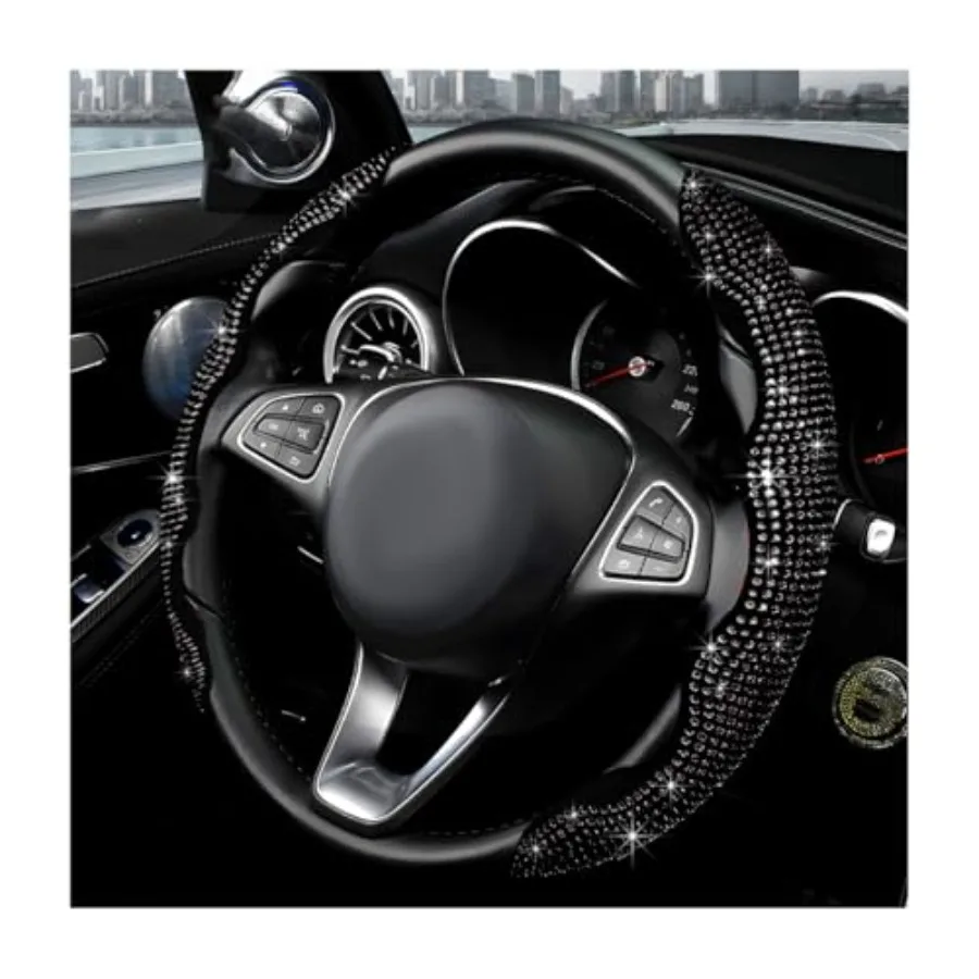 

2PCS Steering Wheel Cover Sparkling Rhinestone Segmented Steering Wheel Protector Fit 14-15.6 Inch Non-Slip Wheel Wrap Cover Bl