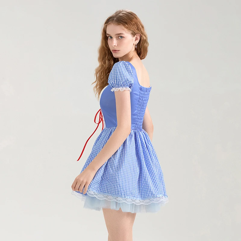 Vrouwen Lolita Y 2K Jurk Kostuum Blauwe Gingham Jurk Pak Sprookjesachtige Jurk Volwassen Halloween Cosplay Kostuum