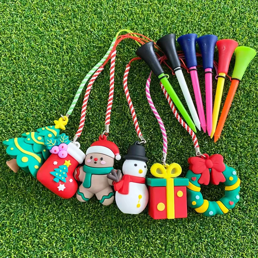 New golf rubber tee cartoon hanging with Christmas pattern plastic tee with rope to prevent loss