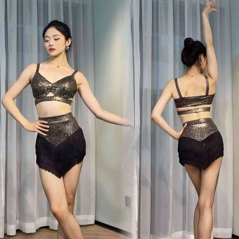 

Sexy Latin Dance Clothing New Chacha Snake Pattern Top Fringed Skirt Women Rumba Latin Dance Competition Costumes SL12946