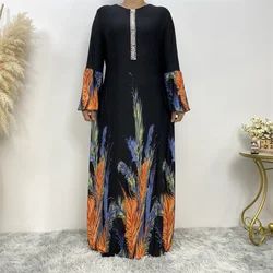 Muslim print plus-size women's dress Jilbab Abaya long sleeve round neck waist Islamic dress Abayas women's clothing