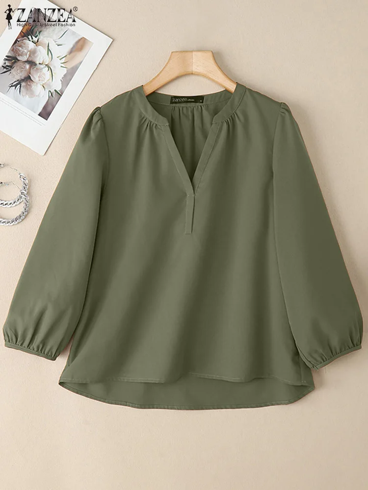 

ZANZEA Summer V Neck 3/4 Sleeve Shirt Women Solid Work OL Blouse Casual Loose Chemise Fashion Holiday Tunic Tops Oversize 2025