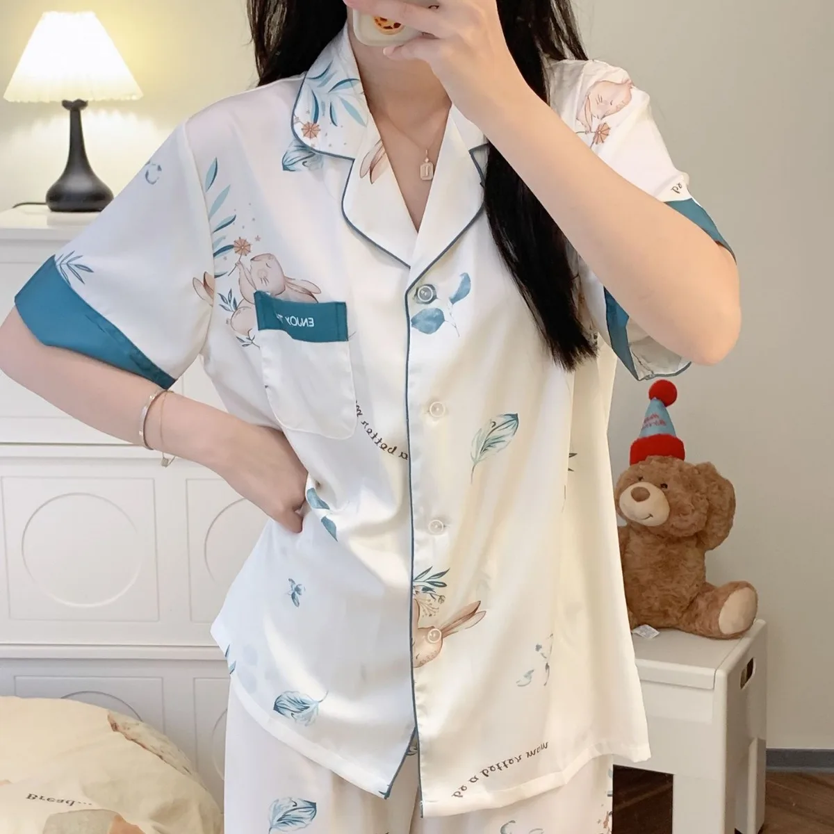 Short Sleeve Pants Floral Print Woman Satin Pajama Sets Ensembles 2 Piece Two-Piece Outfit Lounge Women Pijama Sleepwear Pj