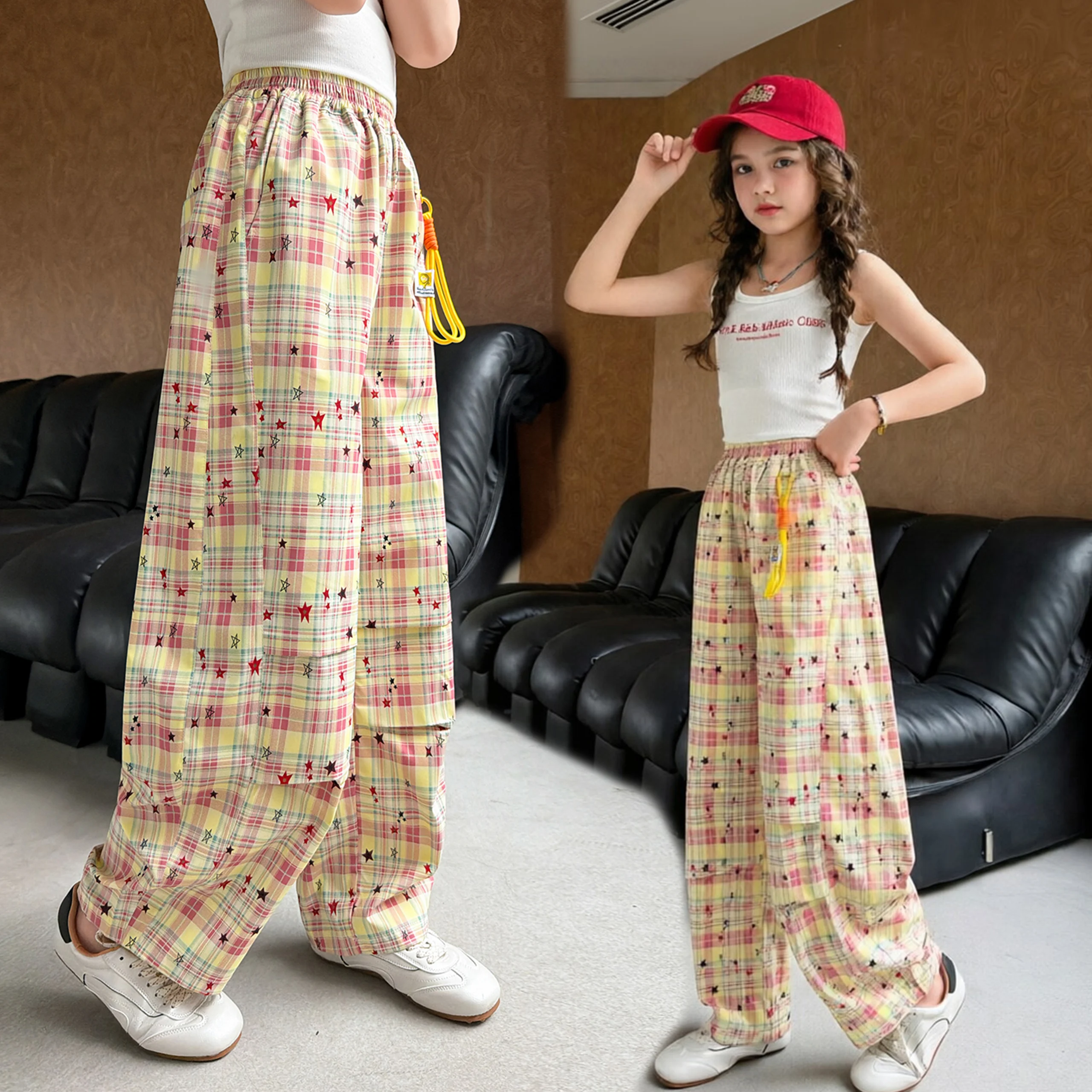 

Girls summer star plaid wide-leg pants, light and breathable ice silk pants, 2026 new casual pants suitable for 5-15 years old