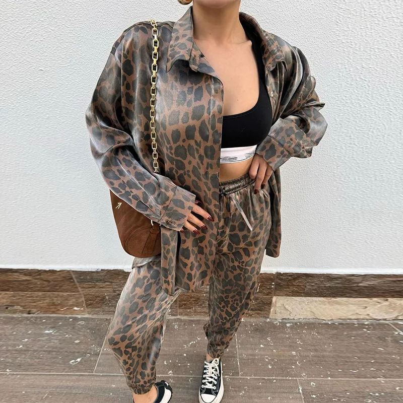 Leopard Shirt Top Two Piece Suit Cuffed Pants Set Women Wide Leg Pant Sets Female Spring Summer High Waist Elegant Trousers Suit