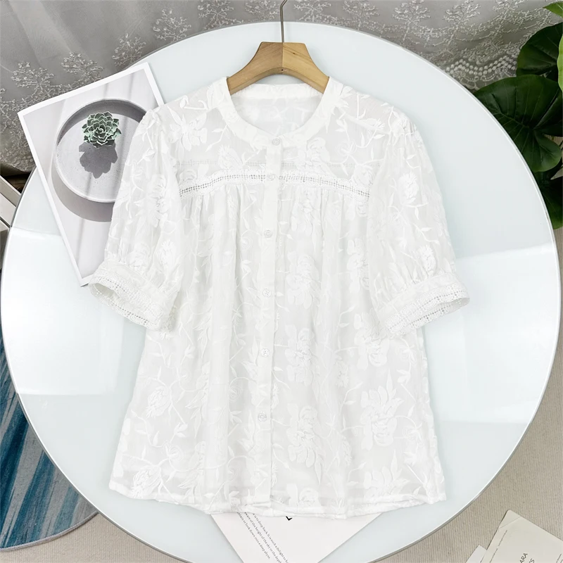 

Элегантная легкая блузка с круглым вырезом, вышивкой и рукавами-фонариками, тонкая летняя рубашка в повседневном стиле, свободного кроя, с коротким рукавом