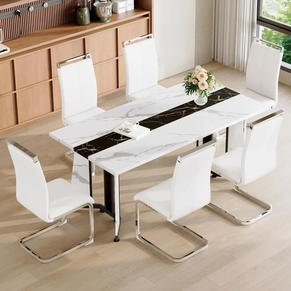 

Dining Table Set for 6,White Marble 71'' Dining Room Table with Spacious legroom and White Leather Dining Chairs,Easy Assembley,