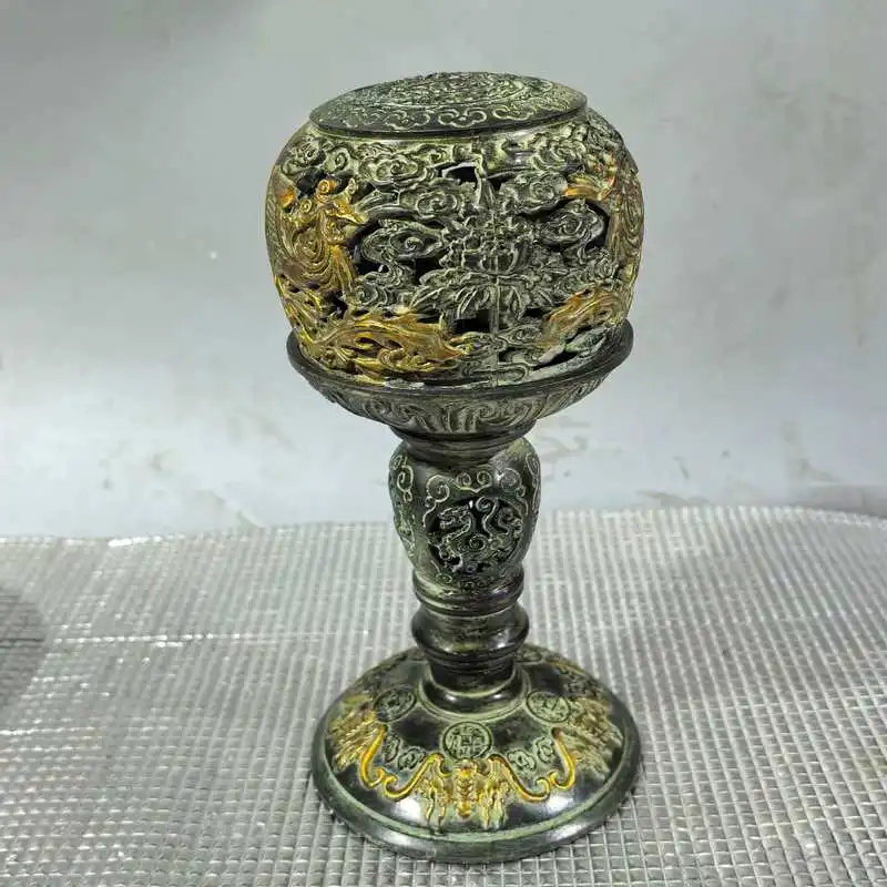 Double Phoenix Pure Copper Gilt Lantern Hollow Incense Burner Zen-Inspired Desktop Craft Ornament