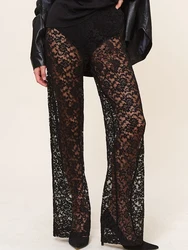 Women Lace Sheer Mesh Pants Sexy See Through High Waist Stretchy Wide Leg Trousers Y2k Fairy Grunge Gothic Streetwear